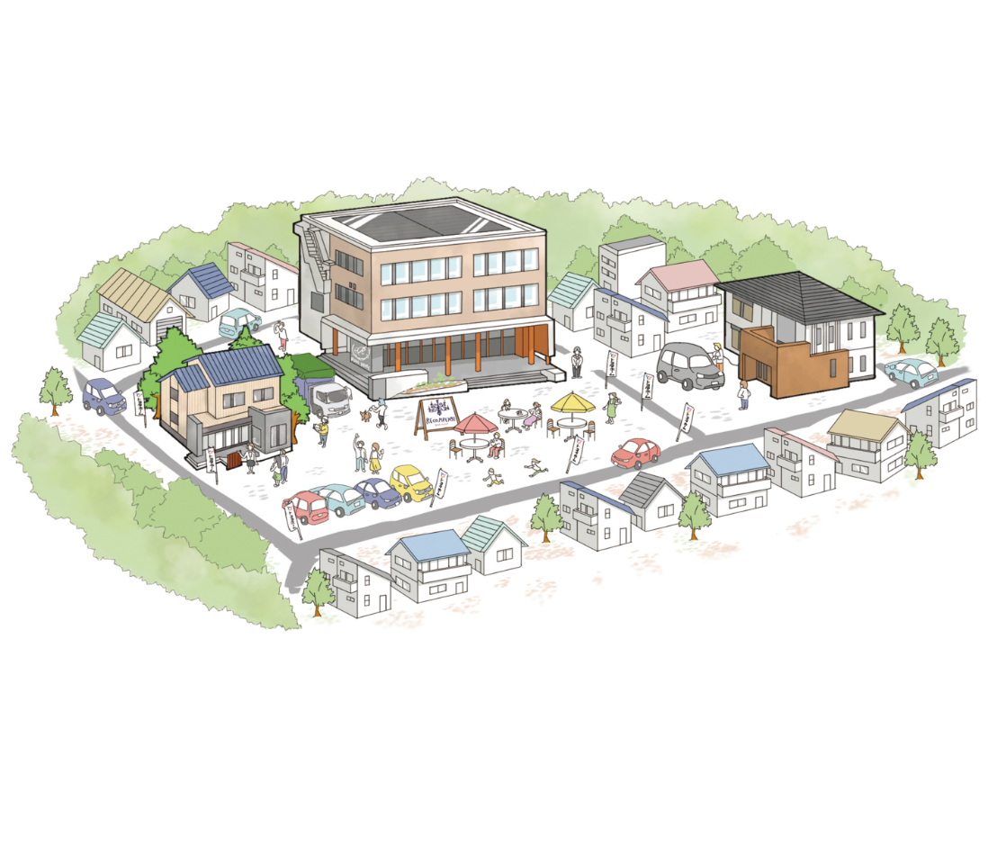 住宅街の一角に建物や家、車、人々が描かれた町並みのイラスト